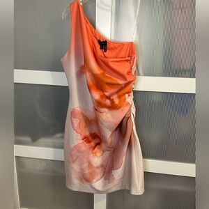 Donna Karan One Shoulder Dress 12P Petite NWT Orange Floral Ruched Cocktail